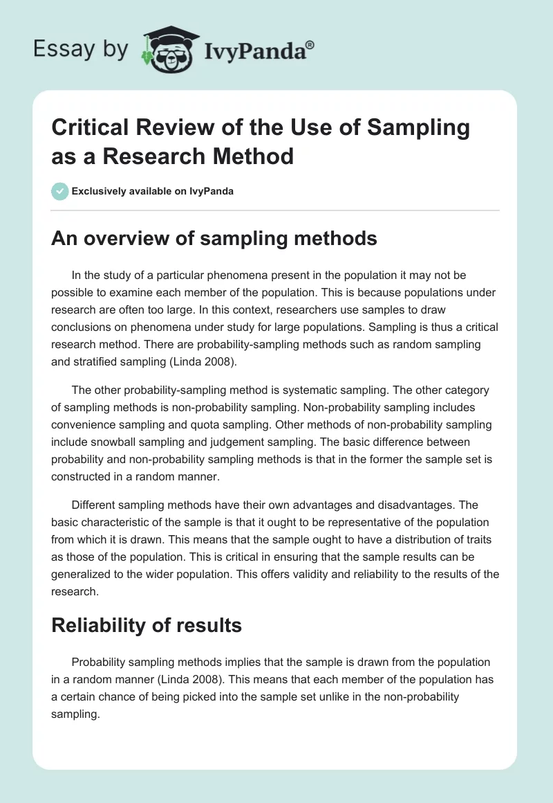 Critical Review of the Use of Sampling as a Research Method. Page 1