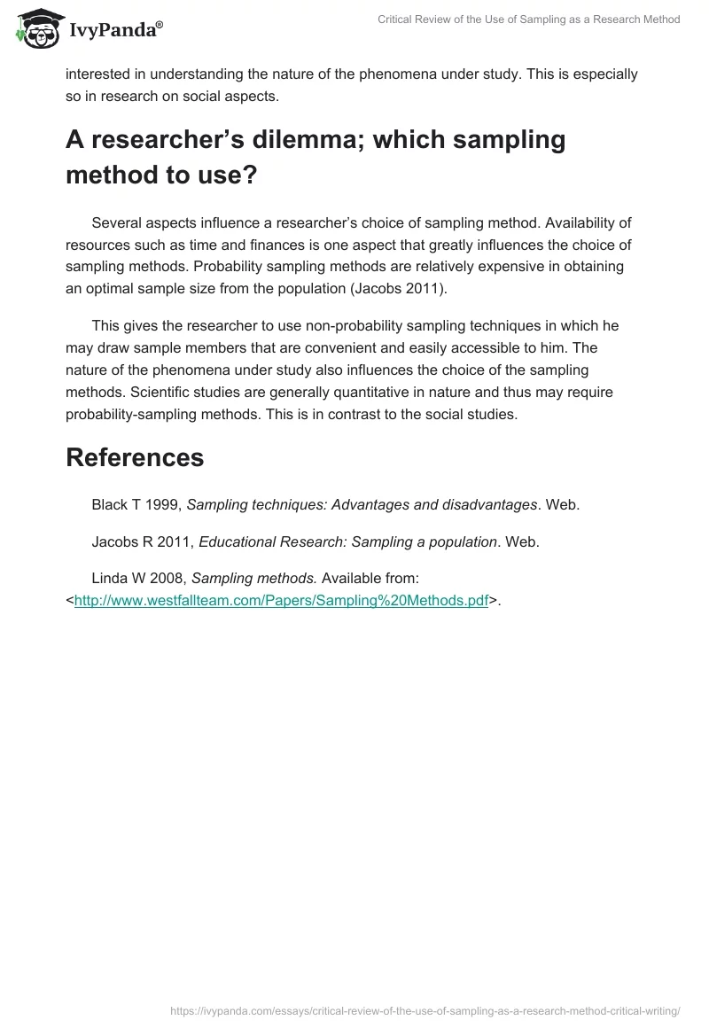 Critical Review of the Use of Sampling as a Research Method. Page 3