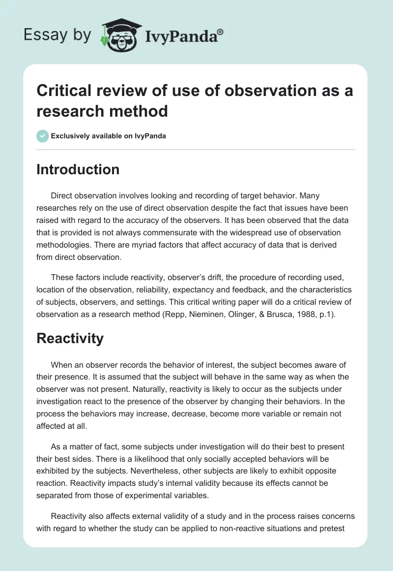 Critical review of use of observation as a research method. Page 1