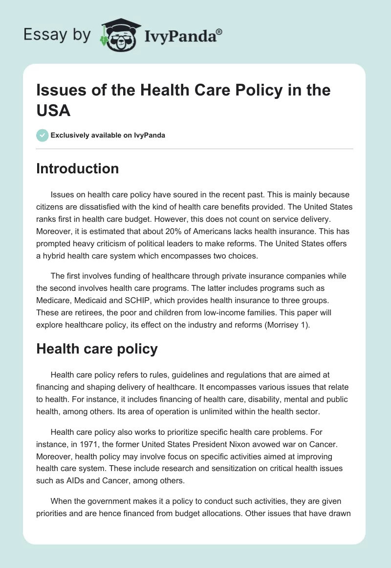 Issues of the Health Care Policy in the USA. Page 1