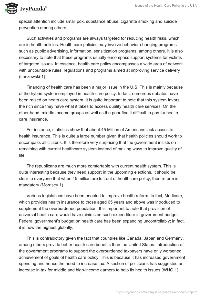 Issues of the Health Care Policy in the USA. Page 2