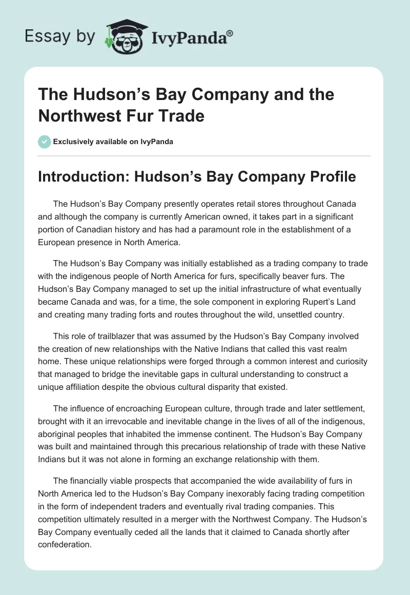 The Hudson’s Bay Company and the Northwest Fur Trade. Page 1