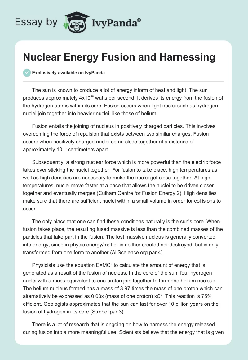 Nuclear Energy Fusion and Harnessing. Page 1