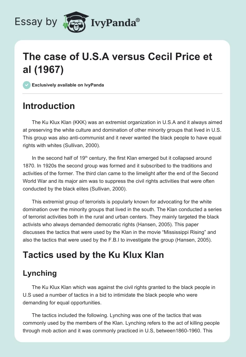 The case of U.S.A versus Cecil Price et al (1967). Page 1