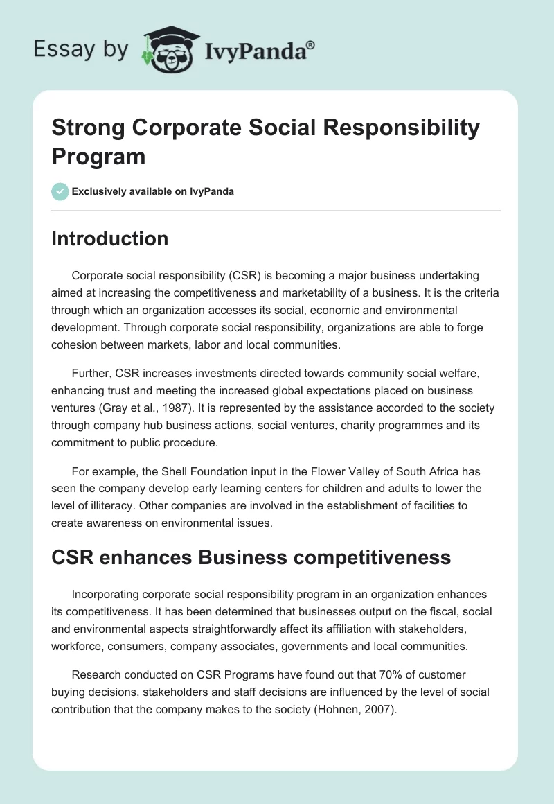 Strong Corporate Social Responsibility Program. Page 1
