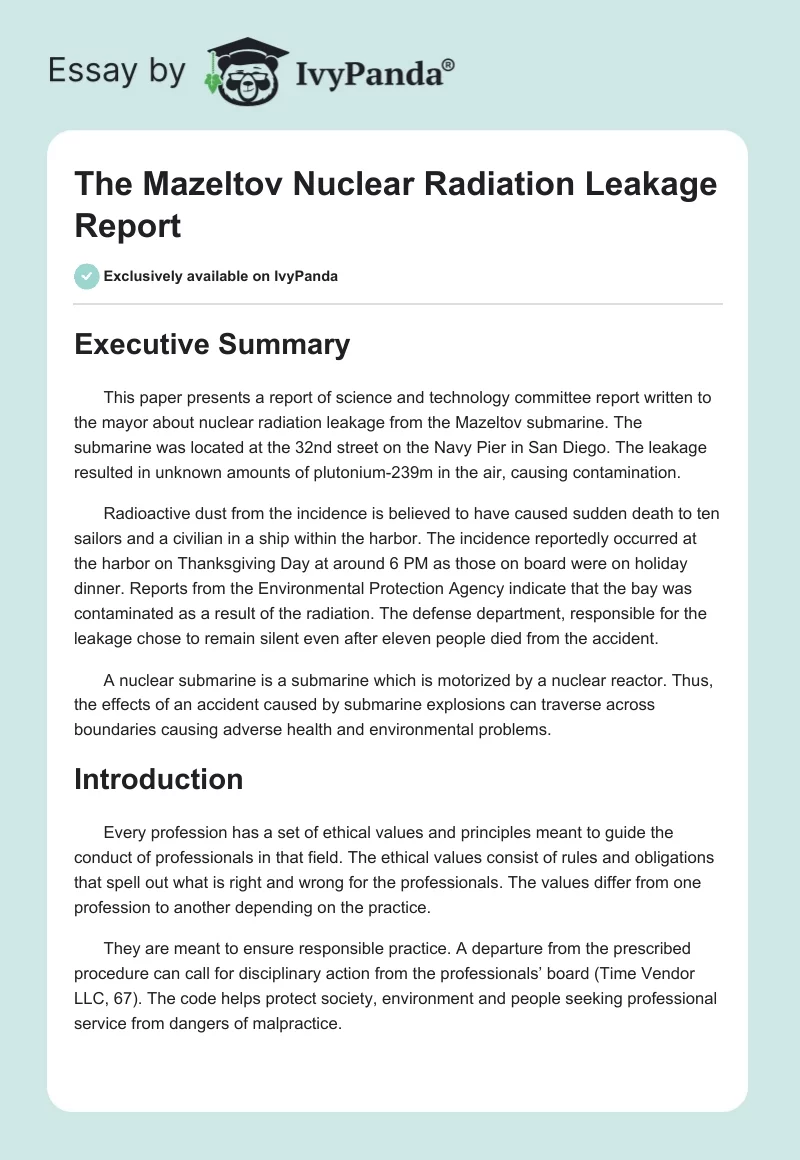 The Mazeltov Nuclear Radiation Leakage Report. Page 1