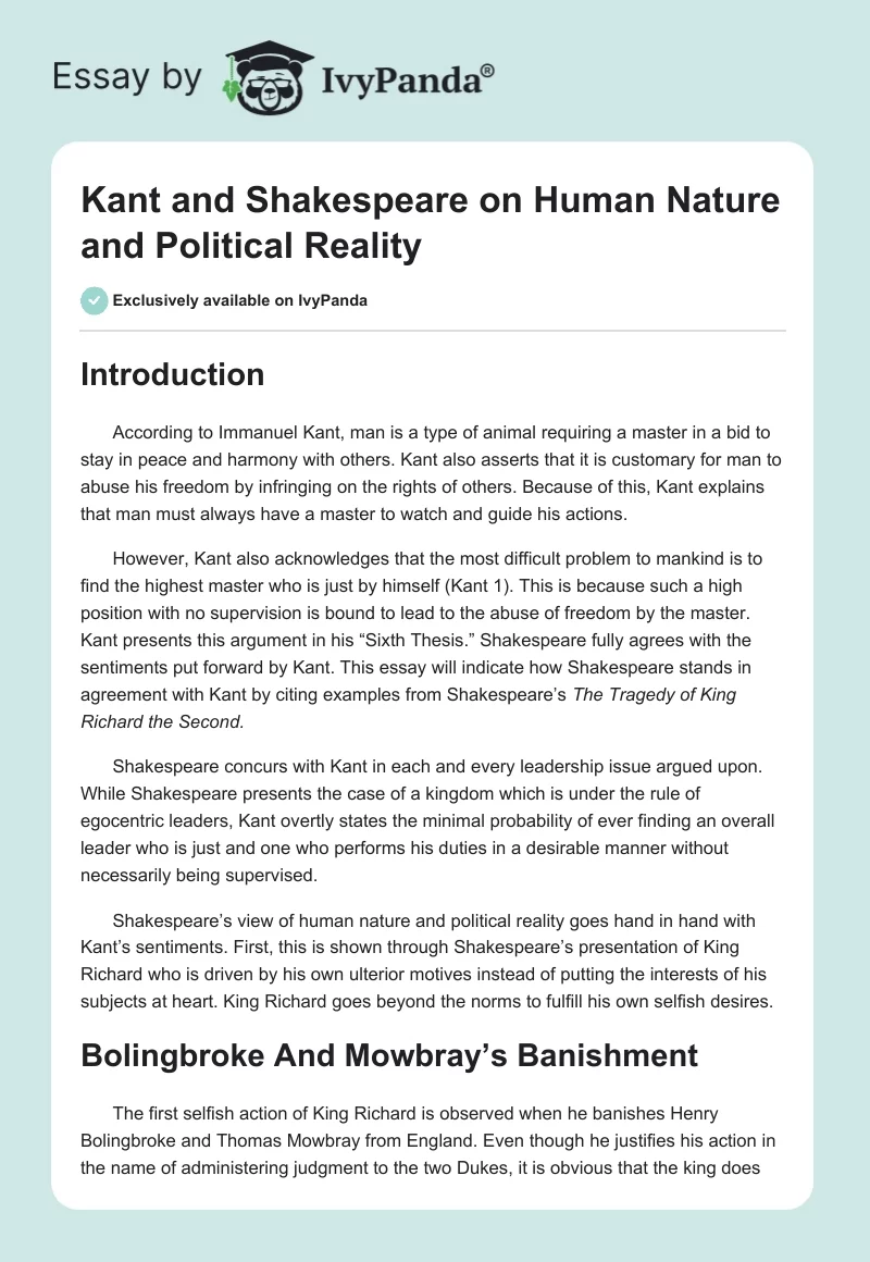 Kant and Shakespeare on Human Nature and Political Reality. Page 1
