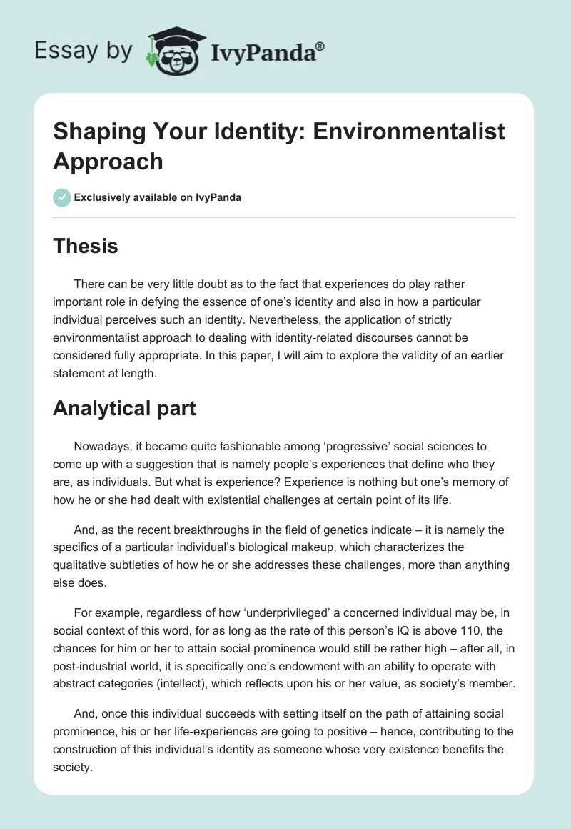Shaping Your Identity: Environmentalist Approach. Page 1