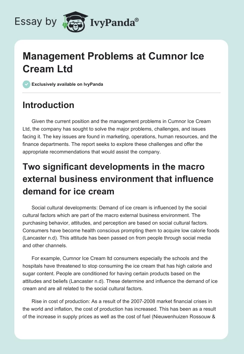 Management Problems at Cumnor Ice Cream Ltd. Page 1