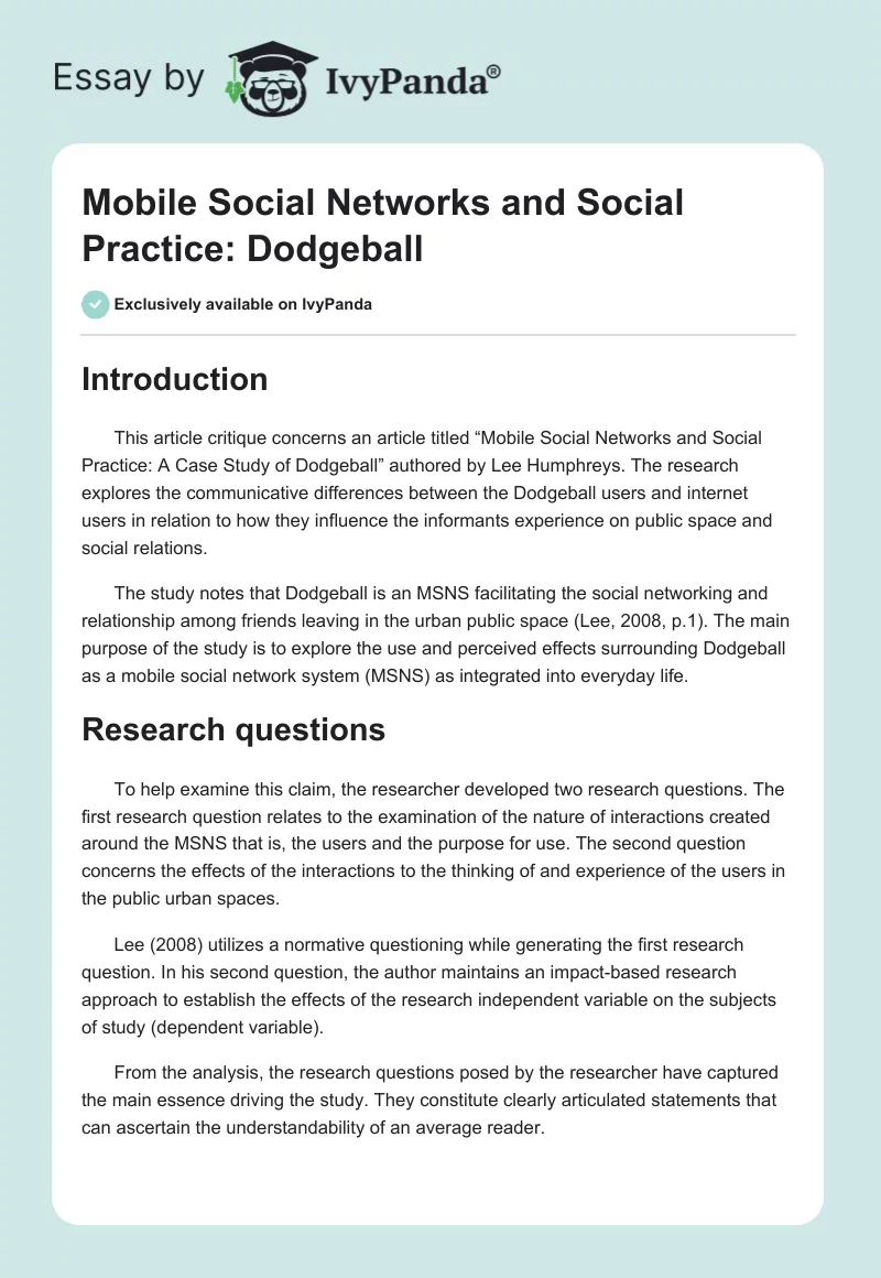 Mobile Social Networks and Social Practice: Dodgeball. Page 1