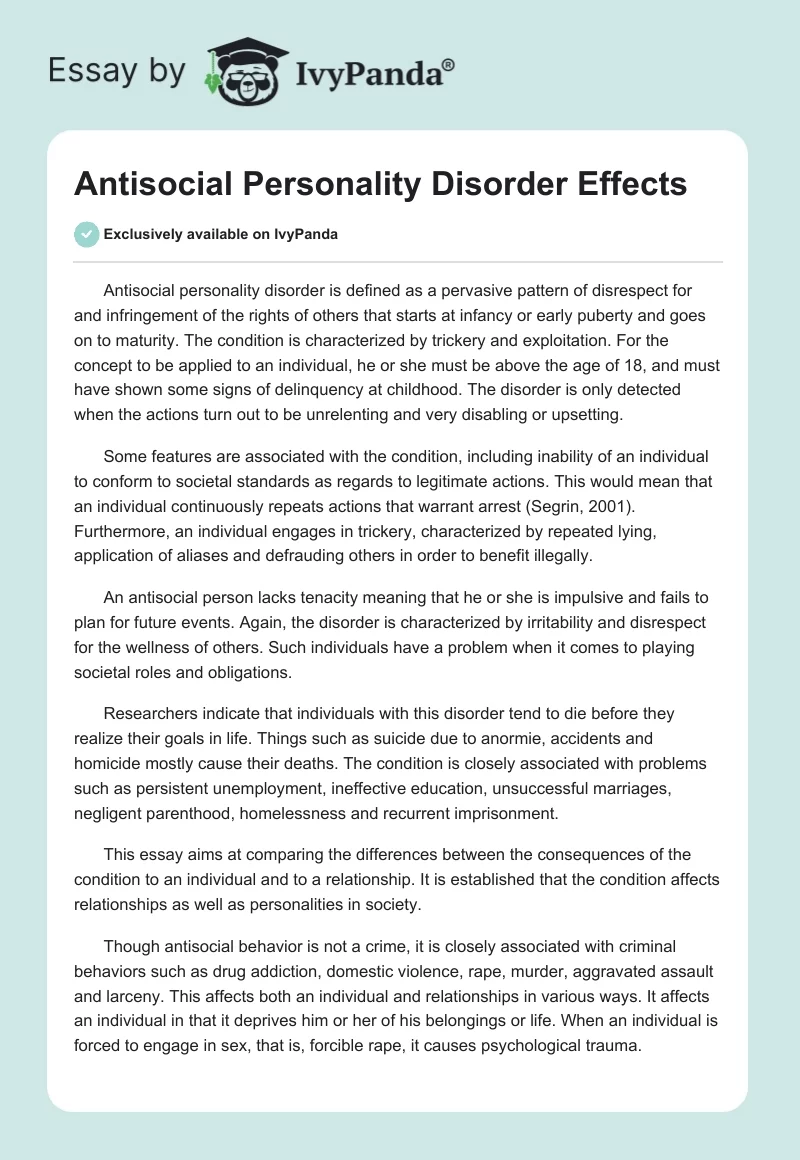 Antisocial Personality Disorder Effects. Page 1
