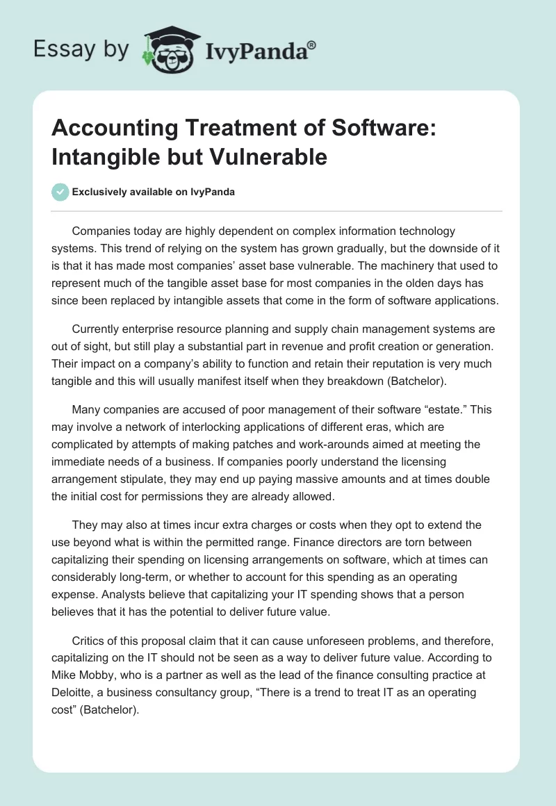 Accounting Treatment of Software: Intangible but Vulnerable. Page 1
