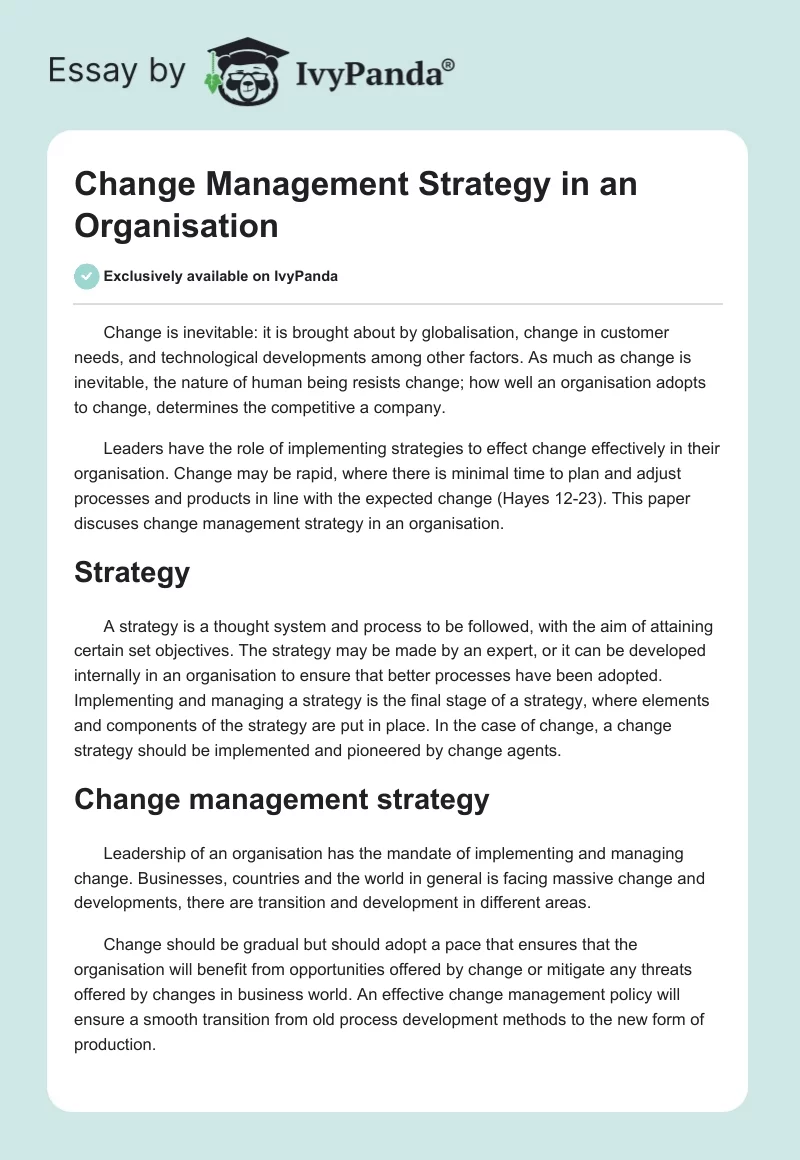 Change Management Strategy in an Organisation. Page 1