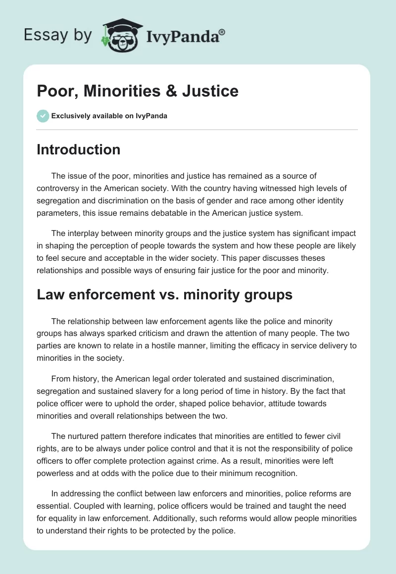 Poor, Minorities & Justice. Page 1