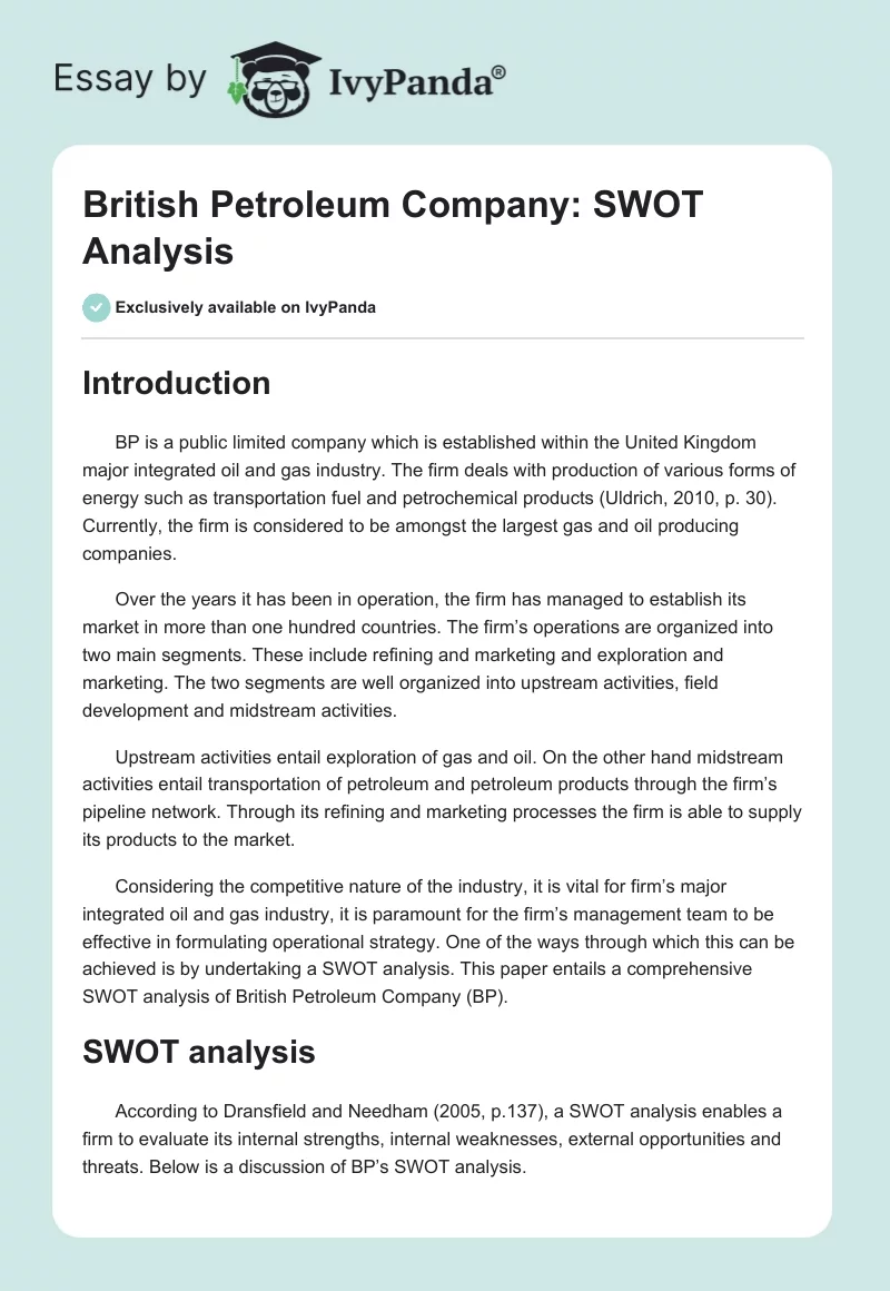 British Petroleum Company: SWOT Analysis. Page 1