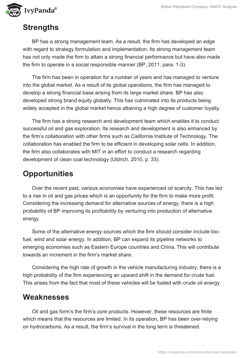 British Petroleum Company: SWOT Analysis. Page 2