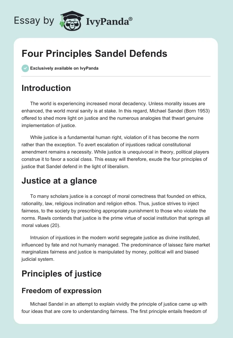 Four Principles Sandel Defends. Page 1