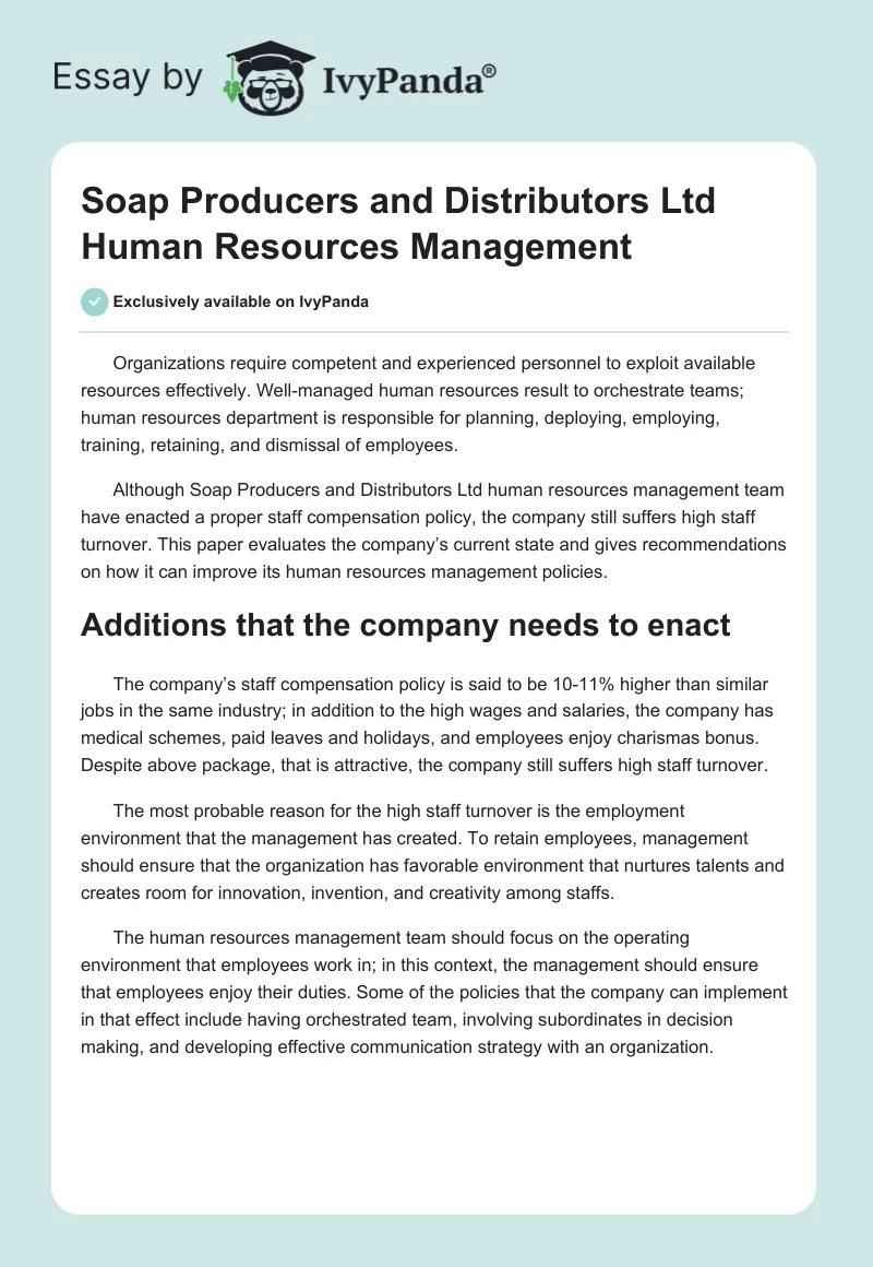 Soap Producers and Distributors Ltd Human Resources Management. Page 1