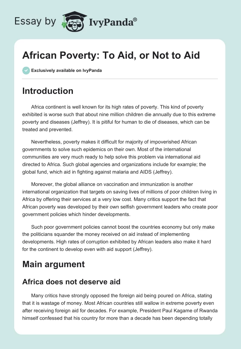 African Poverty: To Aid, or Not to Aid. Page 1