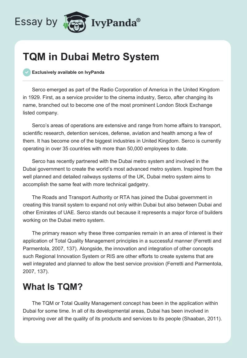 TQM in Dubai Metro System. Page 1
