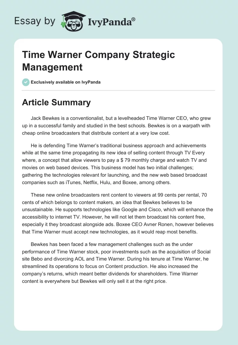Time Warner Company Strategic Management. Page 1