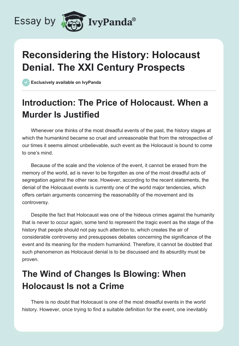 Reconsidering the History: Holocaust Denial. The XXI Century Prospects. Page 1