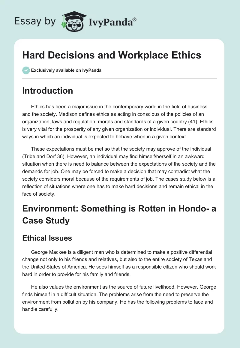 Hard Decisions and Workplace Ethics. Page 1