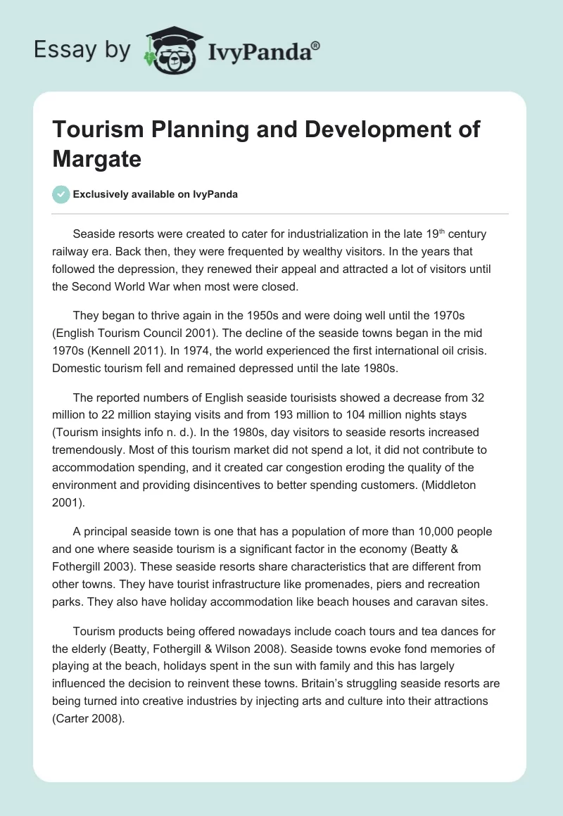Tourism Planning and Development of Margate. Page 1