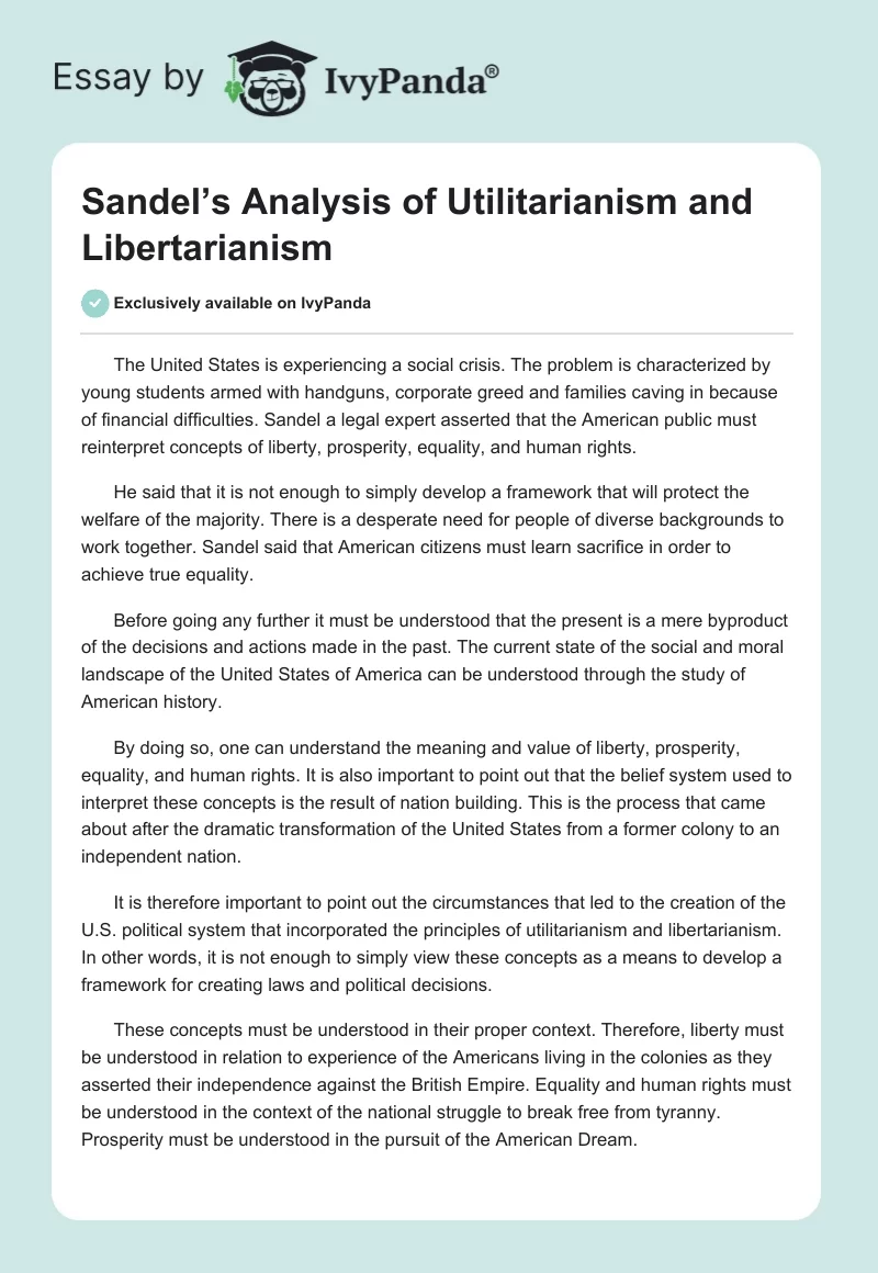 Sandel’s Analysis of Utilitarianism and Libertarianism. Page 1