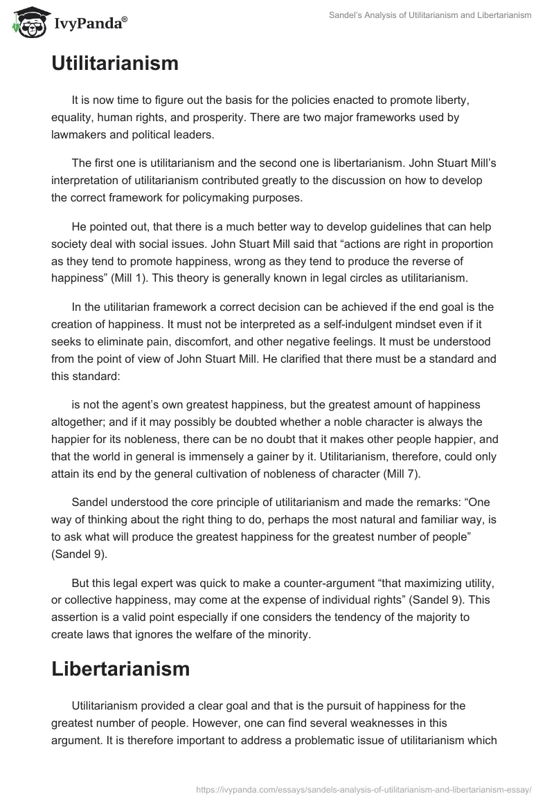 Sandel’s Analysis of Utilitarianism and Libertarianism. Page 2