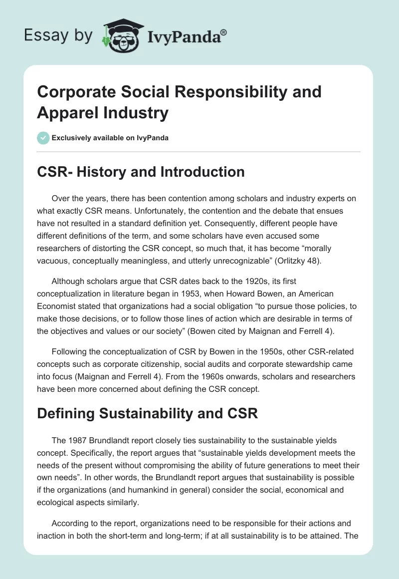 Corporate Social Responsibility and Apparel Industry. Page 1