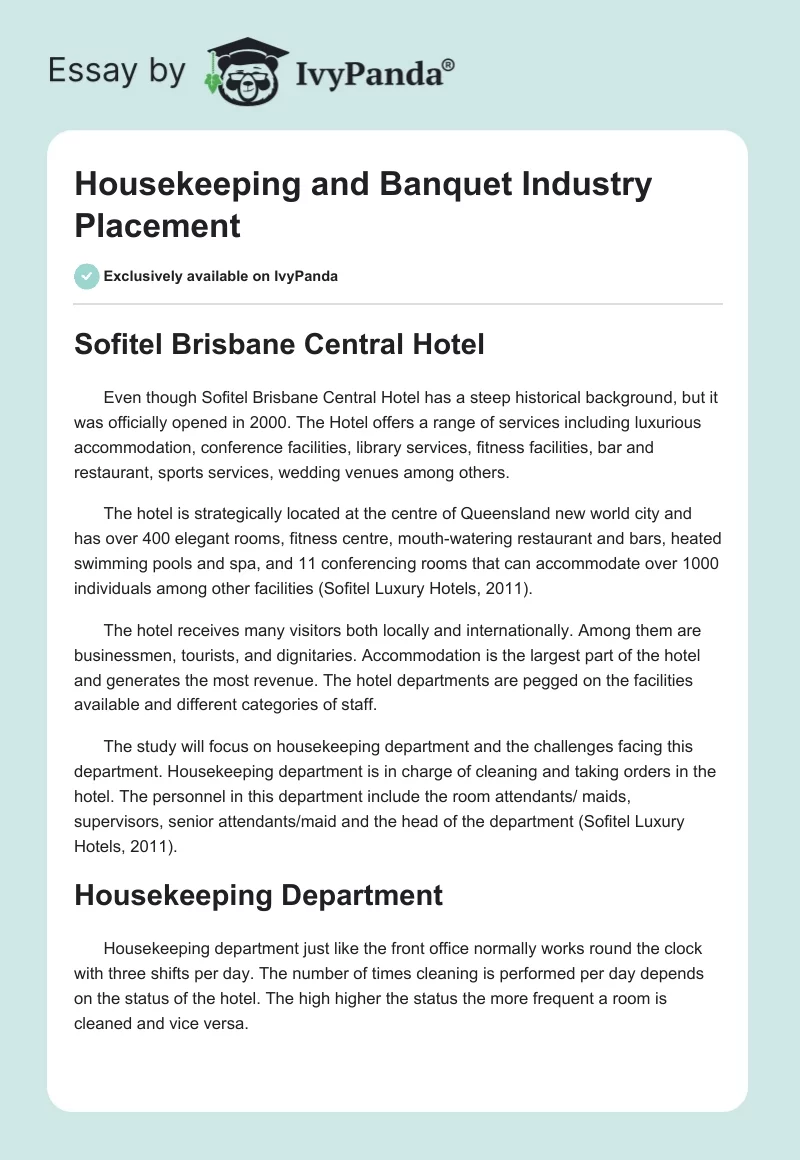 Housekeeping and Banquet Industry Placement. Page 1