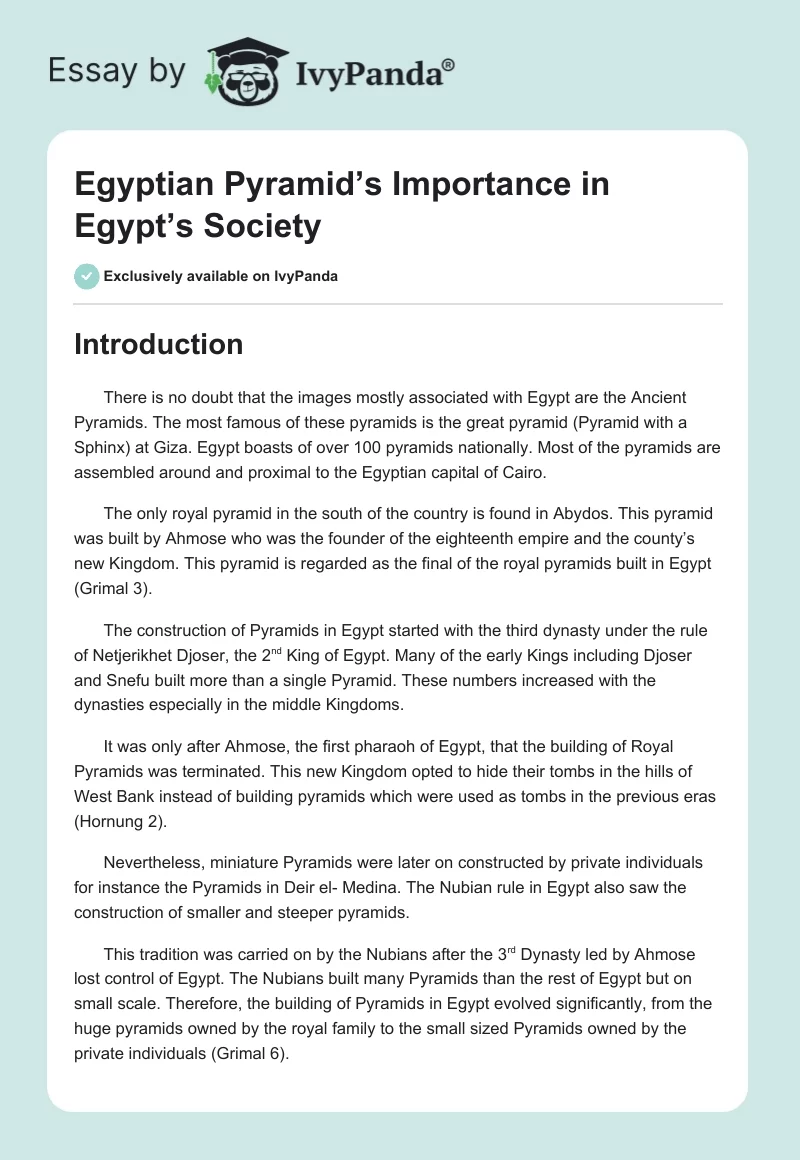 Egyptian Pyramid’s Importance in Egypt’s Society. Page 1
