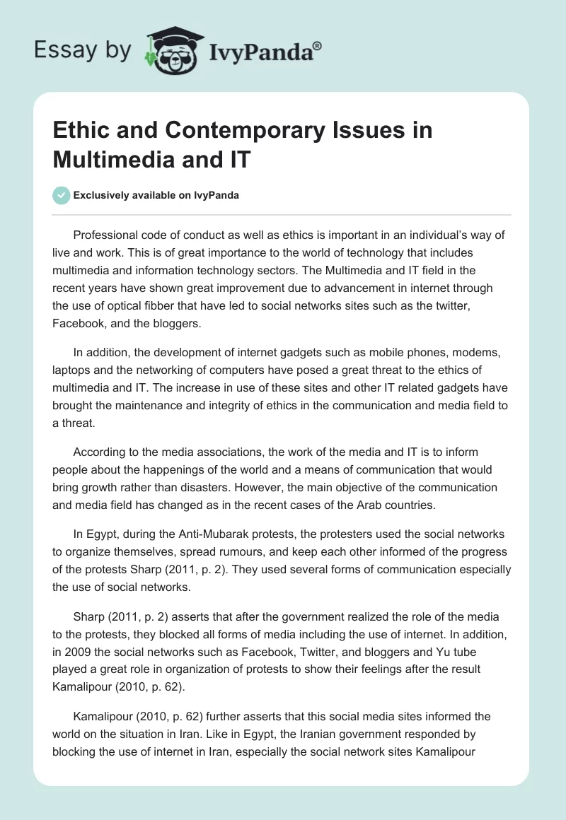 Ethic and Contemporary Issues in Multimedia and IT. Page 1