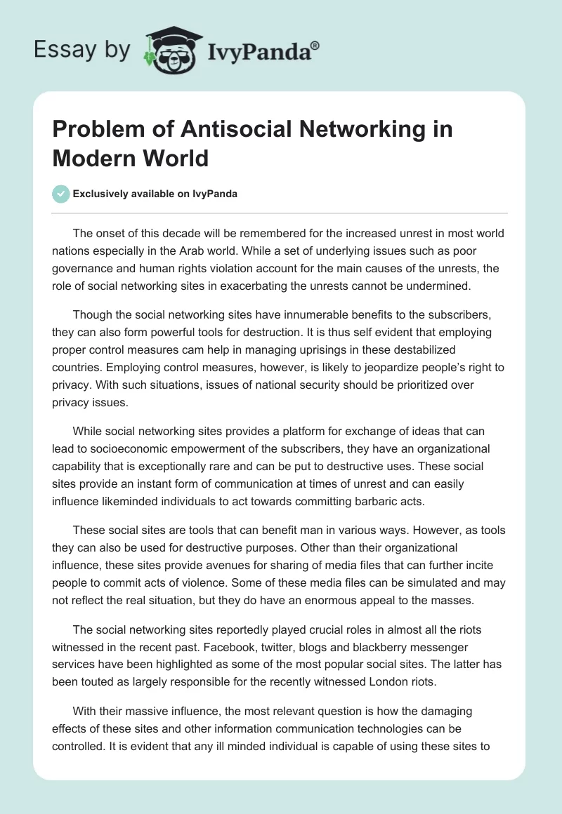 Problem of Antisocial Networking in Modern World. Page 1