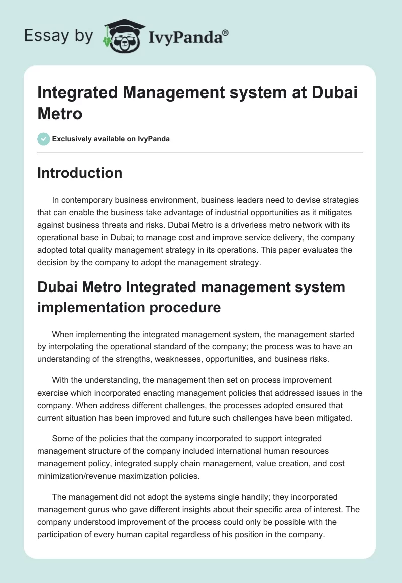 Integrated Management system at Dubai Metro. Page 1