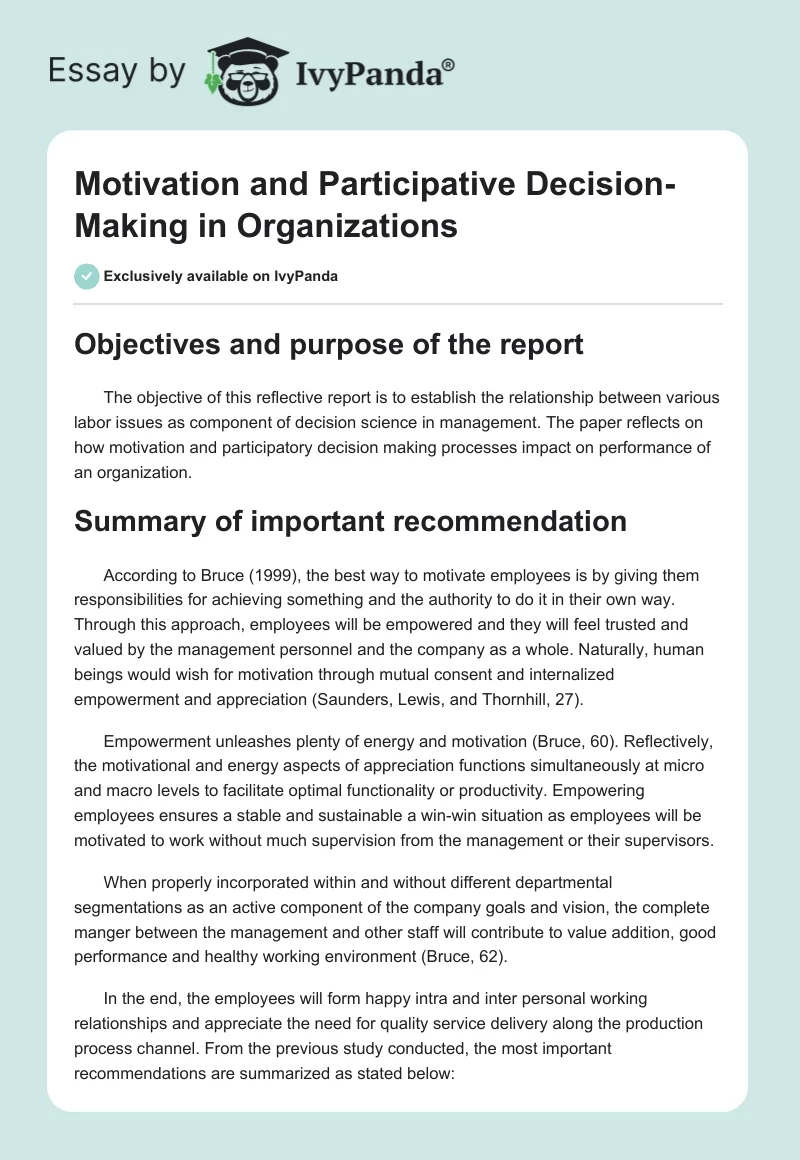 Motivation and Participative Decision-Making in Organizations. Page 1