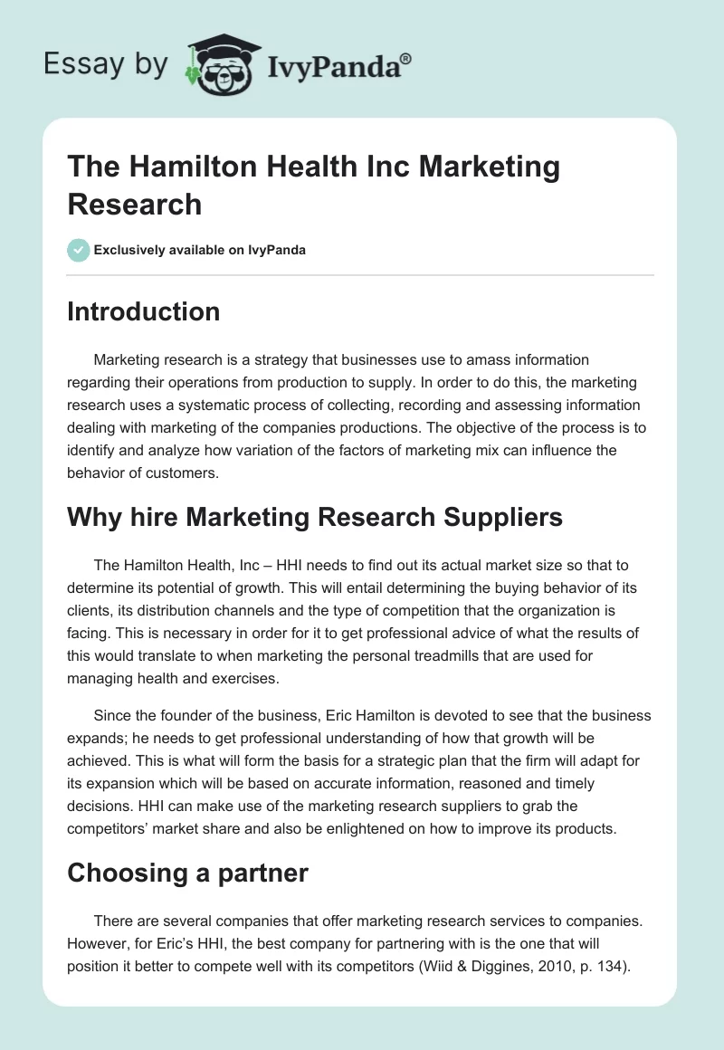 The Hamilton Health Inc Marketing Research. Page 1