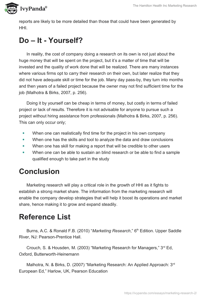 The Hamilton Health Inc Marketing Research. Page 3