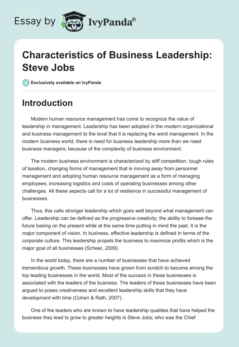 Characteristics of Business Leadership: Steve Jobs. Page 1