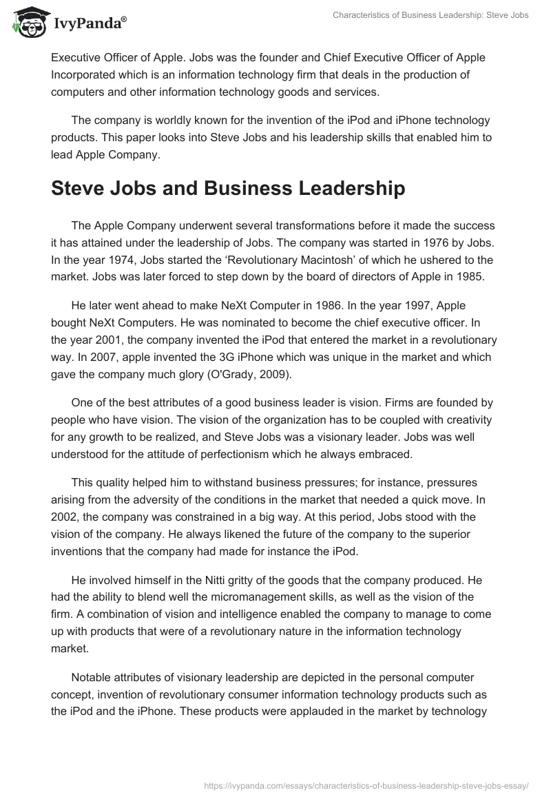 Characteristics of Business Leadership: Steve Jobs. Page 2