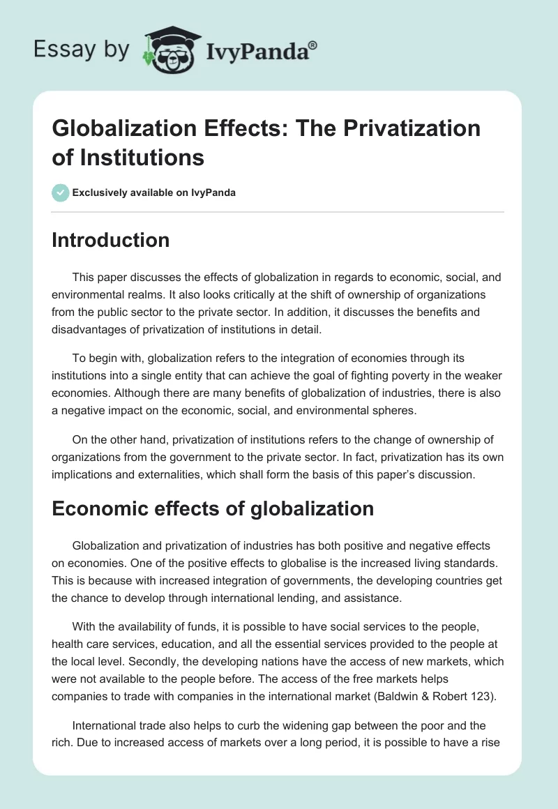 Globalization Effects: The Privatization of Institutions. Page 1