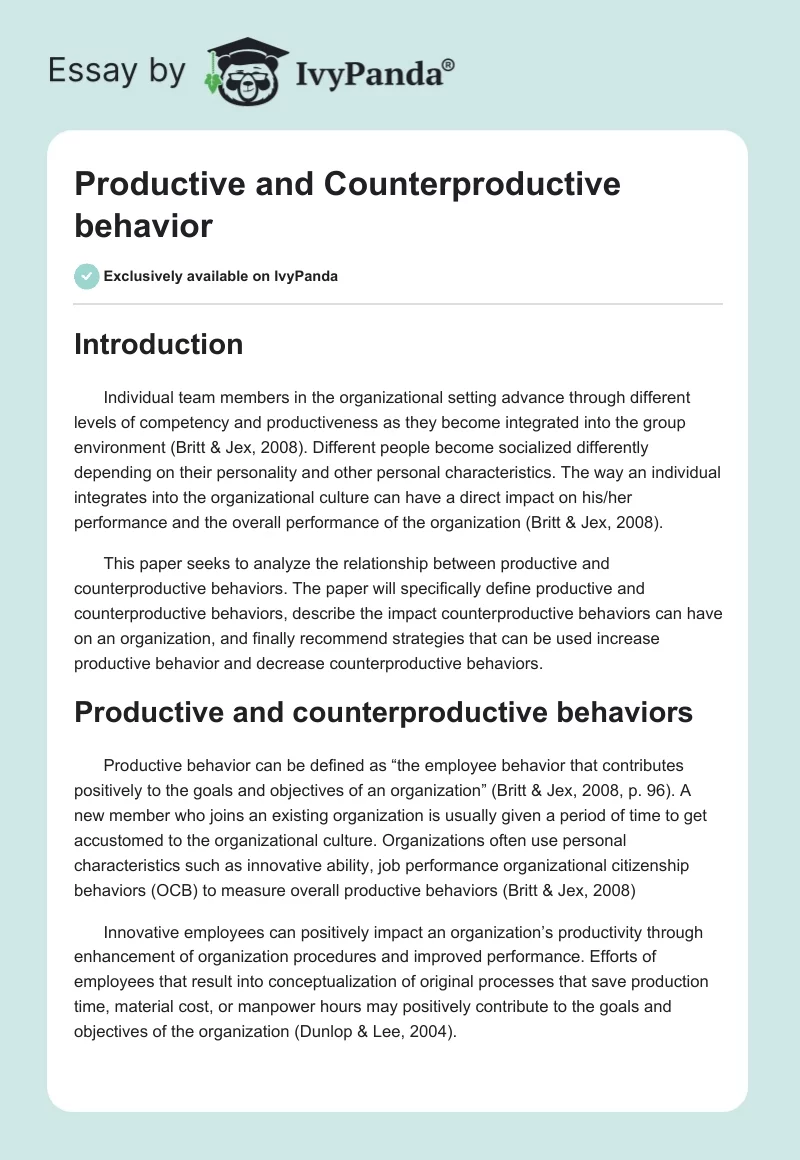Productive and Counterproductive behavior. Page 1