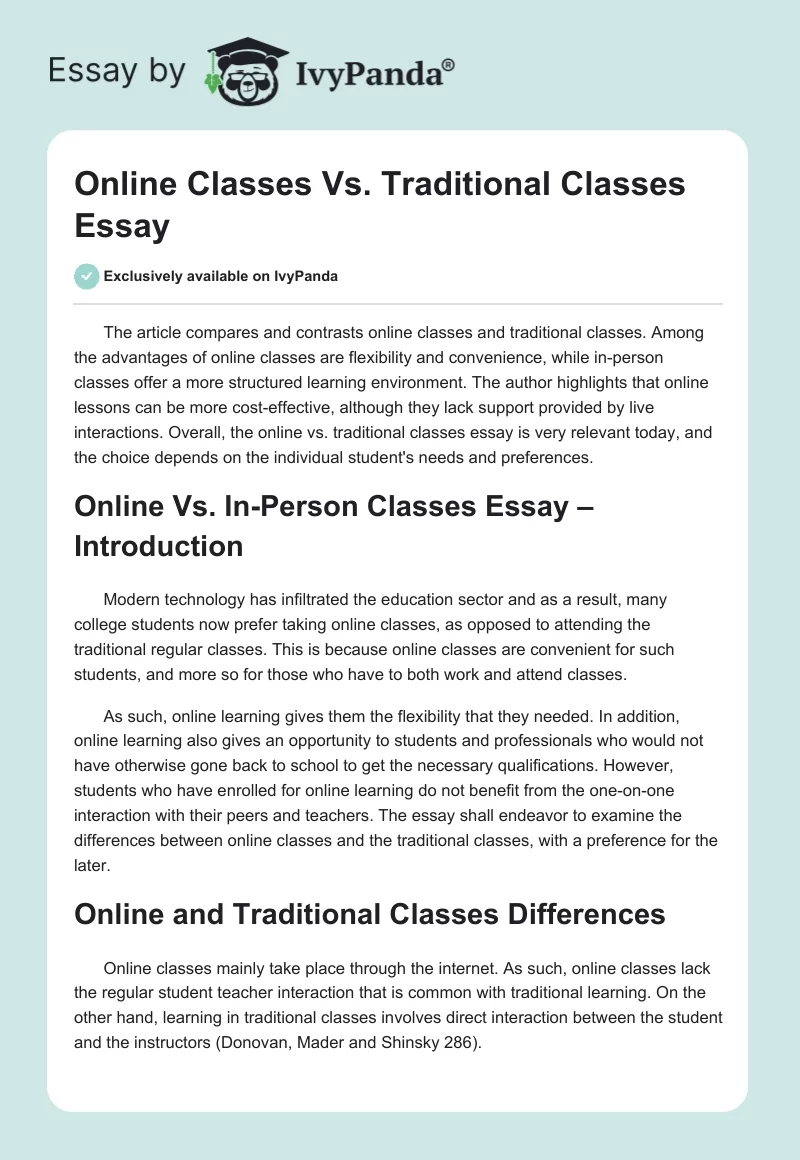 Online Classes Vs. Traditional Classes Essay. Page 1