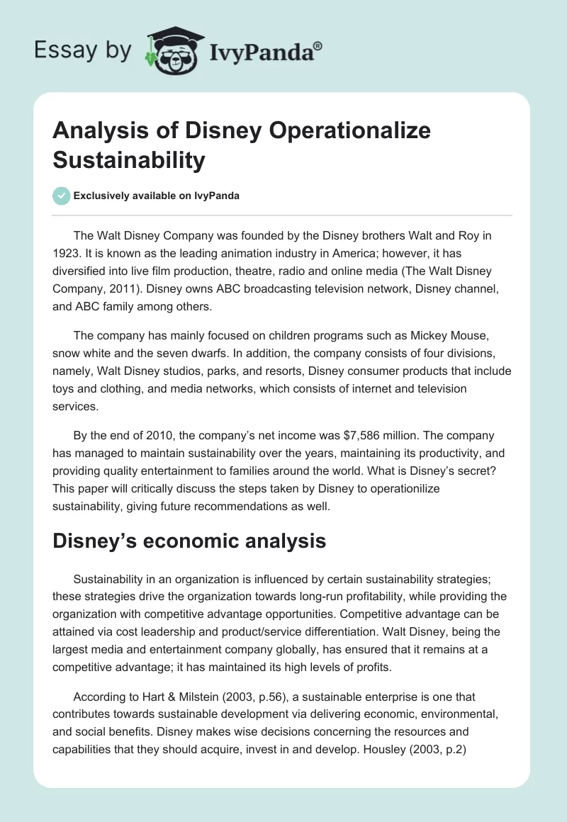 Analysis of Disney Operationalize Sustainability. Page 1