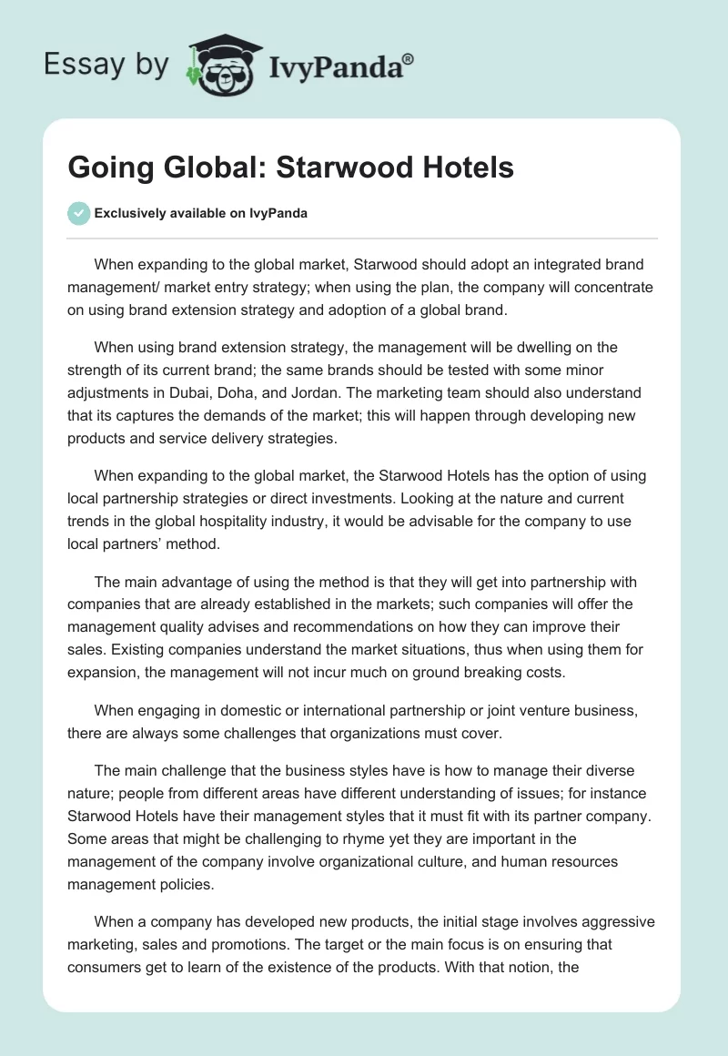 Going Global: Starwood Hotels. Page 1