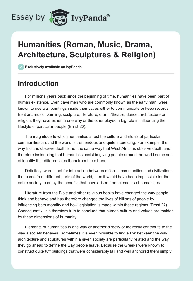 Humanities (Roman, Music, Drama, Architecture, Sculptures & Religion). Page 1