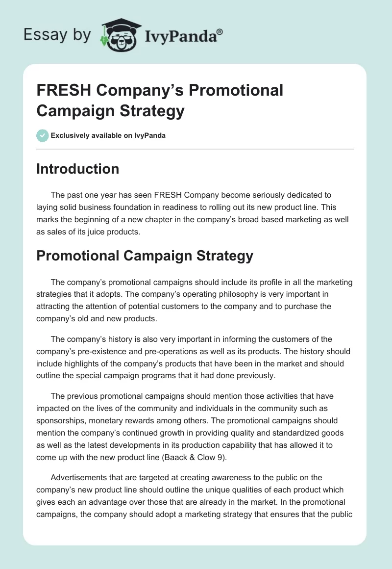 FRESH Company’s Promotional Campaign Strategy. Page 1