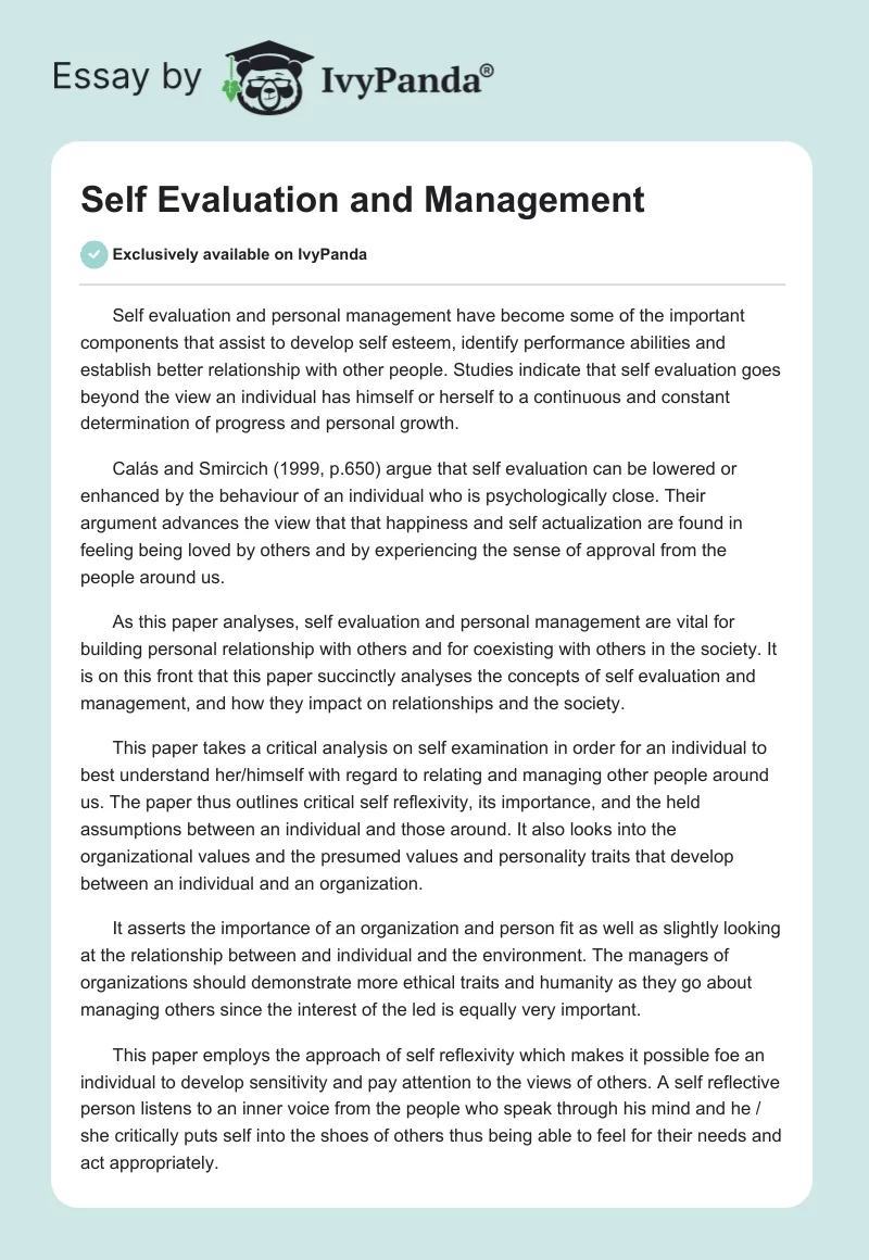 Self Evaluation and Management. Page 1