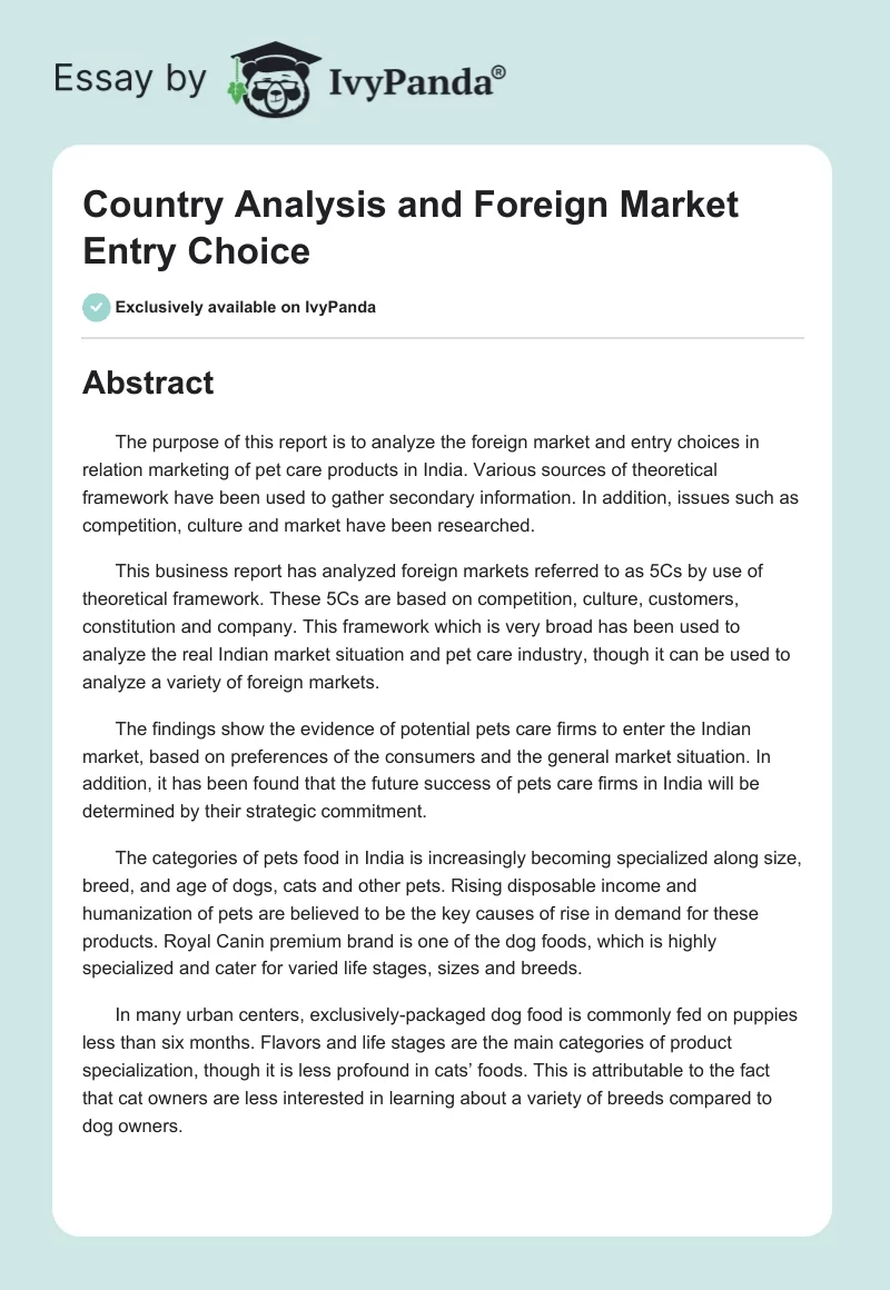 Country Analysis and Foreign Market Entry Choice. Page 1